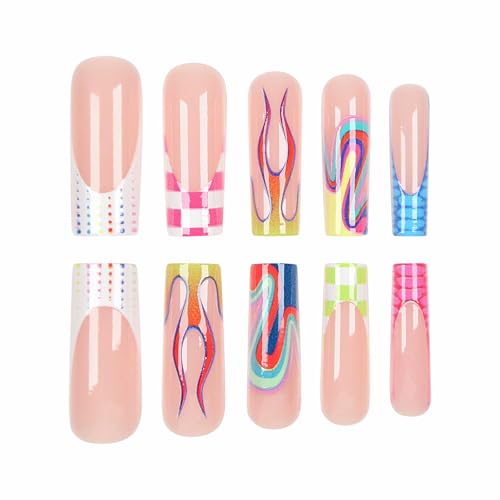 MISUD Press on Nails - Long Square Glue on Nails with Colorful Plaid, Acrylic Checkered Flame Design 24 pcs - color: 07811Colorful