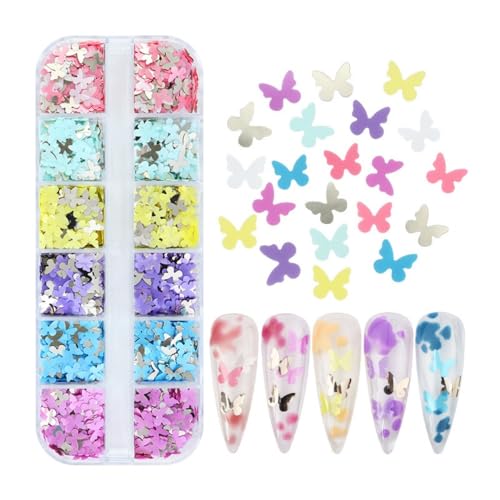 1 Box 6 Color Holographic Butterfly Nail Glitter Laser Pink Nail Sequins 3D Blue Yellow Nail Flakes Sparkly Powder Flakes Shiny Nail Glitter Colorful Nail Sequins Glitter for Nails Art 12 Grids - color: Color 47