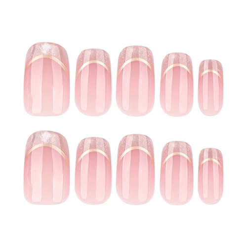 24 Pcs Pink Glitter French Tip Square Press On Nails - color: 0018-Pink with gold glitter