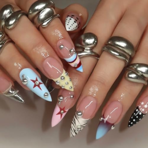 Press on Nails Long Almond Star Zebra Stripe Metal Stud Gradient Fake Nail 24pcs