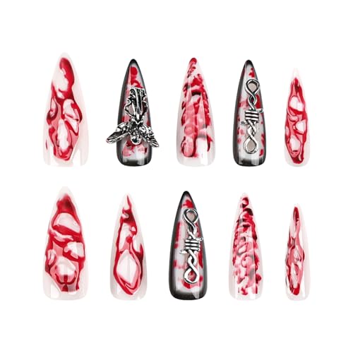 MISUD Press on Nails - Long Stiletto Glue on Nails with Goth Red, Acrylic Gothic Charms Vampire Design 24 pcs - color: 06108Red