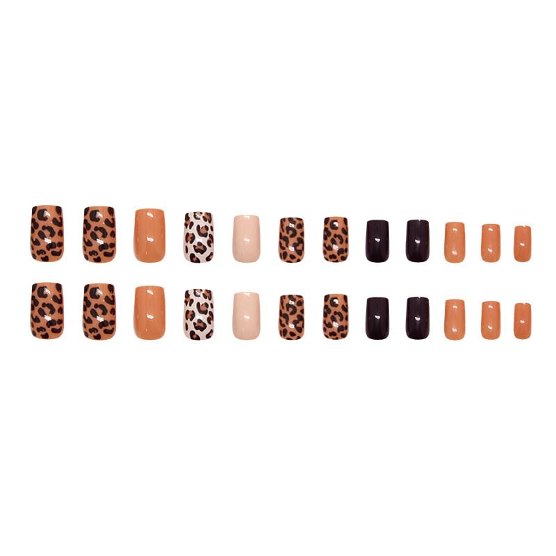 24Pcs Leopard Print Press on Nails Medium Square Fake Nails With Brown Leopard Print Fall Nude Y2K Retro Cheetah Designs Acrylic False Nails Full Cover Glue on Nails Glossy Stick on Nail For Women - color: style19