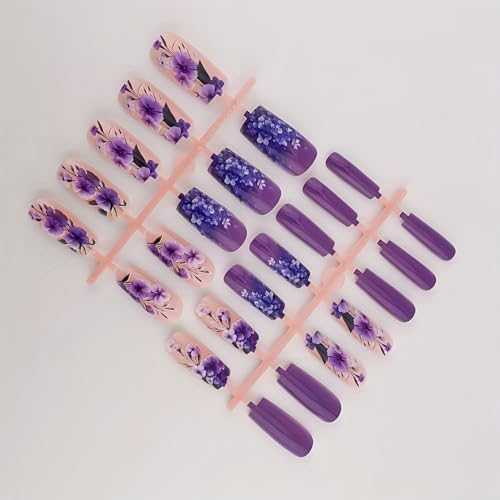 Flower Press on Nails Medium Length Fake Nails Purple Acrylic Nails Glossy Full Cover Spring False Nails Coffin Stick on Nails with designs Artificial Nails Gel Glue on Nails for Women Girls 24pcs - color: style15