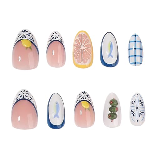 Summer Nails Press ons - Short Almond, Blue Tile, Fish, Lemon - color: Color-13