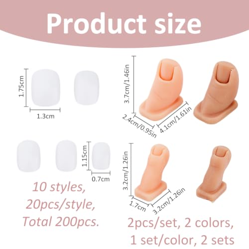 SUPERFINDINGS 2 Sets 2 Colors Nail Art Practice Toenail 4PCS Silicone Practice Toes with 200PCS Plastic Toenail Tips for Nail Art Training Flexible Mannequin Feet Finger Model for Enhanced Nails Skill