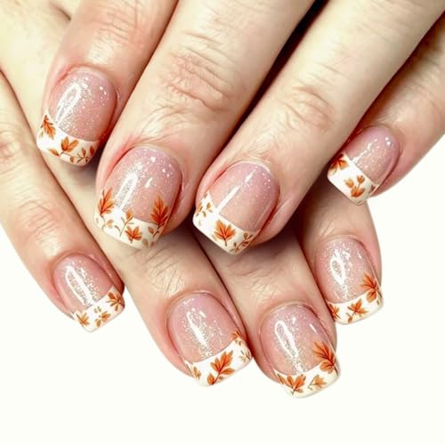 Fall Press On Nails Short Square Fake Nails With Maple Leaf Design - color: design-13