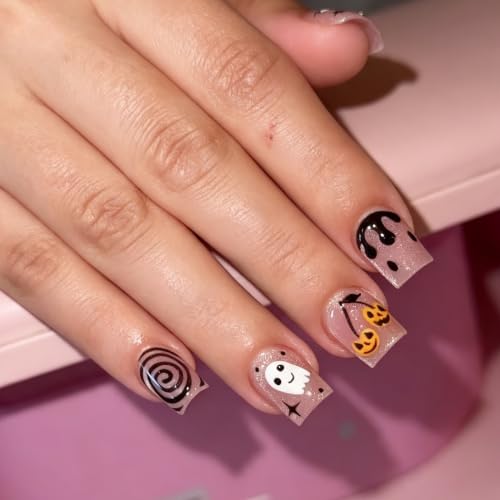 24Pcs Halloween Press on Nails Short Square Fake Nails with Cute Ghosts Design Pumpkin Acrylic Nails Black And White Checkered Artificial Nail Glossy Spider Web Full Cover Stick on Nails for Women - color: Ghost Pumpkin Style