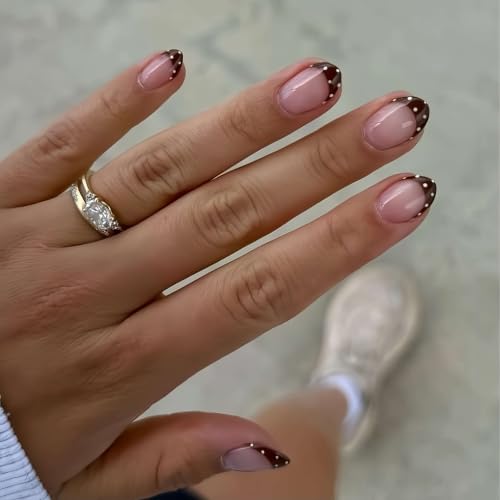 Short Almond Press On Nails, Brown French White Polka Dot, 24 Pcs - color: 104-Mocha Dot Blush