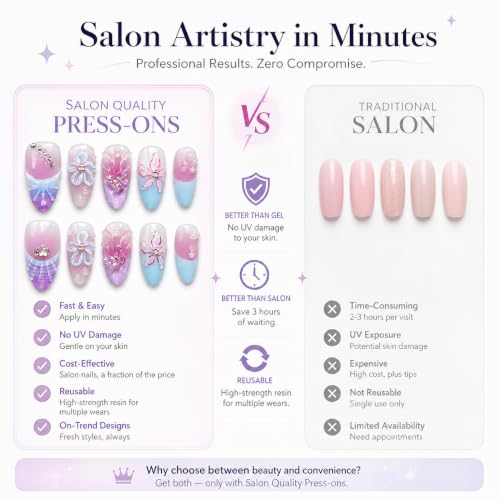 10Pcs Handmade Press on Nails with 3D Flower Designs and Rhinestones, Medium Almond Gradient Pink and Blue Fake Nails, Luxury Fairy Floral Acrylic Nails for Women - color: Pink and Blue Gradient, size: S