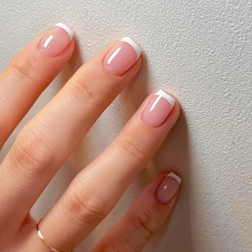 Press on Nails Classic Nude White French Tip Medium Square Fake Nails - color: White French