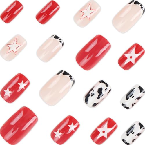 NBNTGH Short Square Press on Nails Red White Fake Nails Y2K Star False Nail - color: Style30