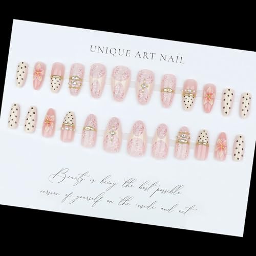 White Lace Press On Nails Medium Almond Fake Nails Polka Dot False Nails With Flower Gold Ring Design Acrylic Nails Press Ons Rhinestone Reusable Glue On Nails For Women - color: Design-28