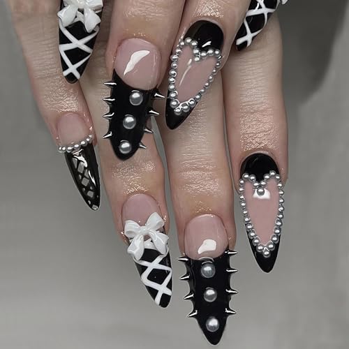 MISUD Press on Nails - Medium Stiletto Glue on Nails with Goth Black, Acrylic Gothic Y2K Design 24 pcs - color: 11211Black
