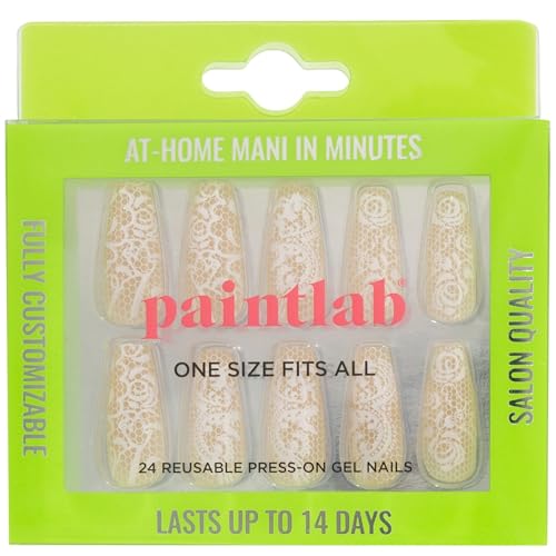 PaintLab Beige Lace Press On Nails, Long Coffin, 24pcs Nail Kit - color: Beige Lace
