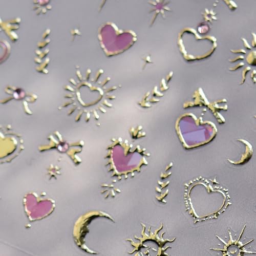 1 Sheet Star Nail Art Stickers 5D Embossed Moon Heart Nail Decals Pink Gold Nail Stickers for Nail Art with Pink Rhinestones Design Sun Nails Supplies Accessories for Women Manicure DIY Decorations - style: gold bow star