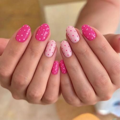Pink Polka Dot Press On Nails Short Almond Fake Nails Full Cover Stick On - color: BD-Pink-4