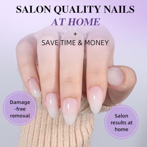 Milky White Press On Nails, Short Almond, Glossy Skin Tone Glue On Nails - color: B5-Light Nude