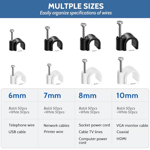 Cable Nails Clips 400 Pcs, 6mm 7mm 8mm 10mm Kit, U Staple Wall Clips Clamps