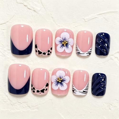 Fall Blue Press On Nails Short Square Duck Fake Nails With Flower Designs - color: fallnails20