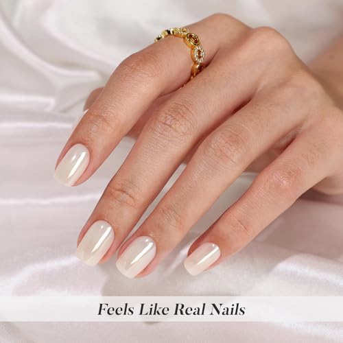 SHANGMENG Halloween Press on Nails, Short Square White Chrome Fake Nails - color: Pearl White