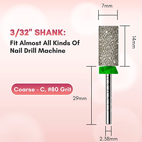 Makartt Nail Drill Bits - Large Barrel Carbide Diamond Sanding Bit for Gel Nails Polish Remove, Upgrade Drill Tips with Cross Teeth and Dust-Proof Ring for Manicure Salon Shaping, C #80 Grit - size: Diamond Barrel Bit-C