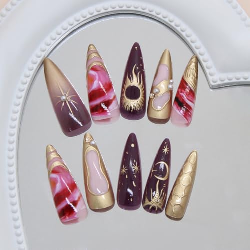 24Pcs Gothic Press On Nails Almond Long Stiletto Fake Nails Luxury Chrome Gold 3D Rhinestone Designs Y2k Sun Moon Star Stick On Nails Reusable Acrylic False Nails for Women Girls Nail Art Decoration
