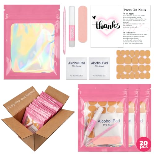 20 Sets 7-in-1 Press On Nail Prep Kit, Nail Prep Application Disposable Kit - color: Pink