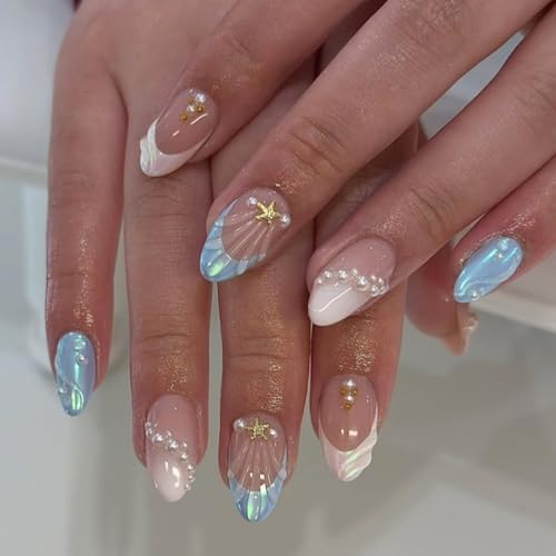 30Pcs Summer Ocean Press on Nails Medium Almond Fake Nails with 3D Pearl Starfish Waves Designs Blue French Tip Acrylic Nail Summer Nails Press On Reusable Glue on Nails for Women Manicure