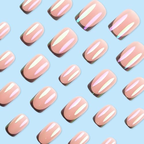French Tip Press On Nails Short Square Fake Nails Press Ons With Aurora Chrome Design Glue On Nails Pink Glossy Stick On Nails Reusable Acrylic False Nails For Women - color: short square nails-4