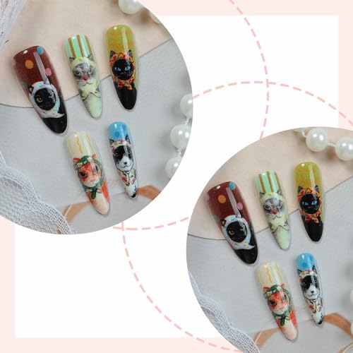 MISUD Press on Nails - Long Stiletto Fake Nails with Cute Acrylic Cartoon Cat Design 30 pcs - color: 06103-01-03Brown