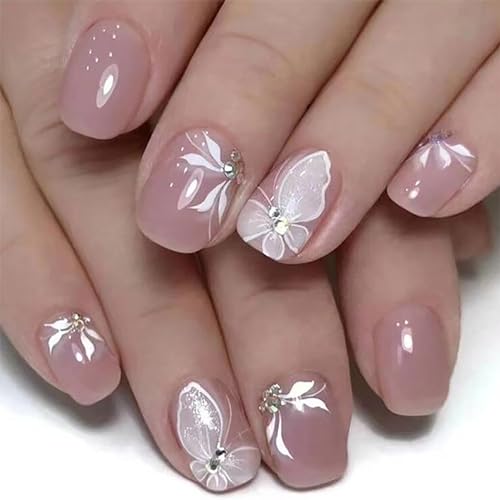 24Pcs Short Press on Nails RTKHFZE Pink Fake Nails with White Butterfly and Rhinestones Designs Press Ons False Nails Square Full Cover Acrylic Nails Stick on Nail for Women and Girls - color: BKSS16