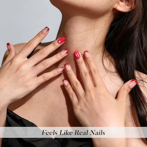 SHANGMENG Halloween Red French Mixed Cat eye Press on Nails Square Short - color: Muse Flame