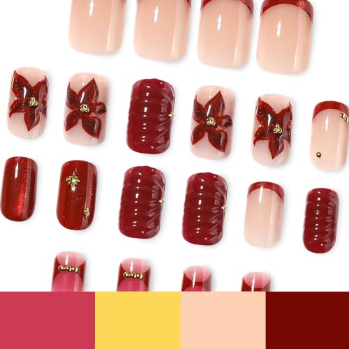 RTKHFZE Red French Tip Press on Nails Short Square Fake Nails 24Pcs - color: Style-42