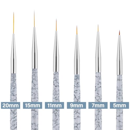 Tbestmax 6 Pcs Nail Art Liner Brushes, UV Gel Painting Acrylic Nail Brushes Striping Brushes for Short Strokes, Details, Blending, Elongated Lines 5/7/9/11/15/20mm - color: 6pcs - White
