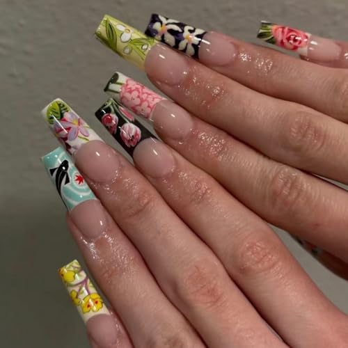 24pcs Long Coffin Press on Nail Spring Fake Nails French Tip Press ones with Floral designs Colorful Stick on Nail Full Cover Cute False Nails Reusable Flower Glue on Nails for Women Summer - color: styles37