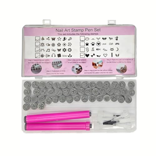 56PCS Nail Art Stamp Pen Set, 48 Designs, 6 Brush Heads, for Beginners