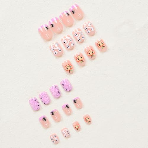 Halloween Pink Press on Nails Short Square Fake Nails Cute Little Ghost Pumpkin Designs False Nails Glossy Halloween Spider Web Bats Acrylic Nails Full Cover Stick on Nails for Women Manicure Decor - color: Style 12