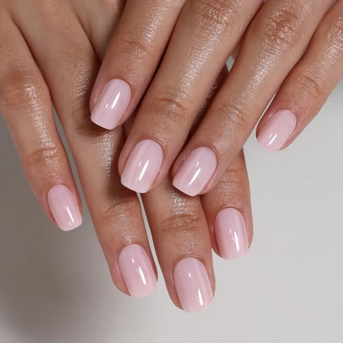 SHANGMENG Press on Nails, Square Short Milky Pink Fake Nails, Soft Gel - color: Baby Pink Jelly
