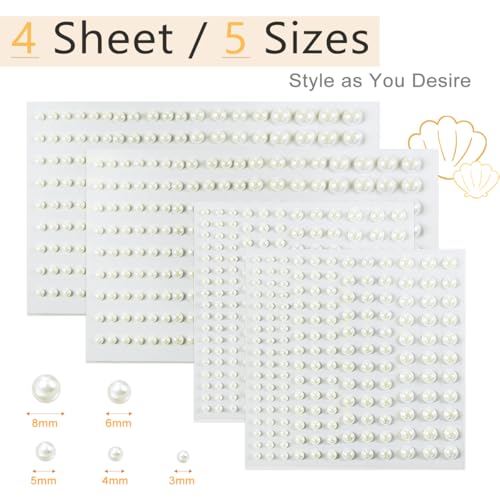 qiipii 4 Sheets Beige White Flatback Pearls Stickers Self Adhensive Ivory White Half Pearls Stick On Jewels 3/4/5/6/8mm Multi Sizes Gems Stick on Charms for Nails Face Eyes Hair Makeup Clothing Crafts - color: Beige Perals, size: Small Size