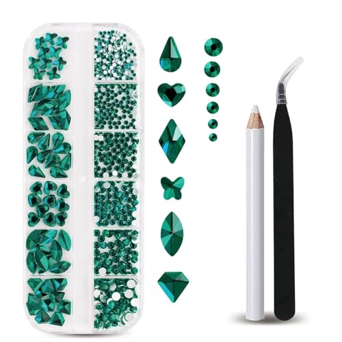 Nail Art Rhinestones Kit Nail Gems Ab Flat bottom special-shaped drill, with Storage Organizer Box/Wax Pencil/Tweezers for Nail Art Craft (Green) - color: Green