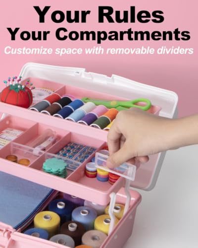 TERGOO 13in Lager Plastic Craft Organizer and Storage 3-Layer Tackle Box - color: White Pink