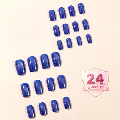 Press On Nails, Short Square Blue Cat Eye Galaxy, 24PCS - color: 078-Dark Blue Square Cat's Eye