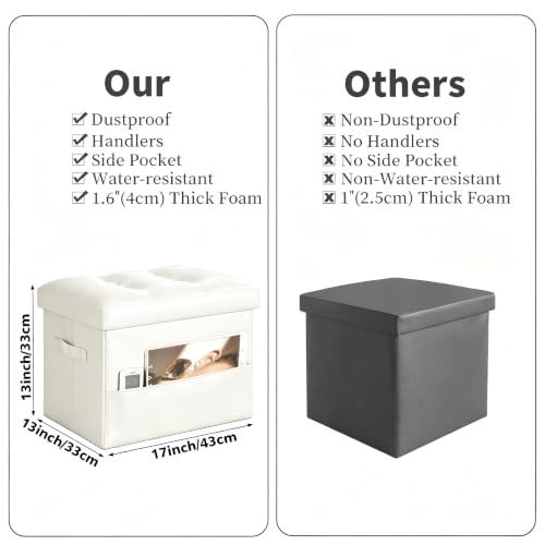 Ottoman with Storage. Folding Foot Stool with Thick Foam Padded Seat, White - color: White, size: 17"D x 13"W x 13"H