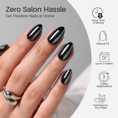 SHANGMENG Halloween Press on Nails, Almond Short Black Chrome Fake Nails - color: Liquid Onyx