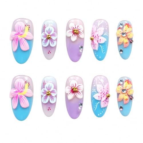 10Pcs Almond Press on Nails, Tropical Hibiscus Flower Design, Blue and Lavender Ombre Fake Nails with 3D Rhinestones, Summer Beach Floral Glossy Glue on Nails for Women - color: Blue and Purple Ombre, size: S