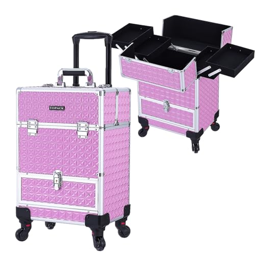 TOPACK 3-In-1 360°Rotaing Rolling Makeup Train Case with Trolley/Drawer - color: all pink, size: medium