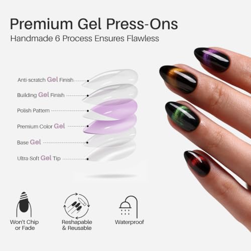 SHANGMENG Halloween Press on Nails, Short Almond Black Cat Eye Fake Nails - color: Aurora Muse