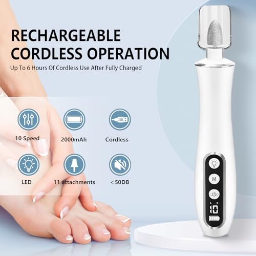 Electric Nail File Drill Cordless 2000 mAh Rechargeable 10-Speed Nail Filer - color: White