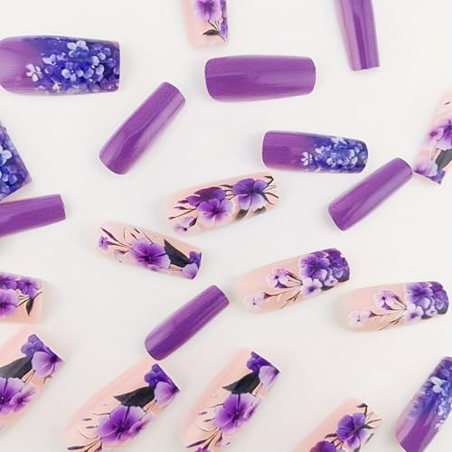 Flower Press on Nails Medium Length Fake Nails Purple Acrylic Nails Glossy Full Cover Spring False Nails Coffin Stick on Nails with designs Artificial Nails Gel Glue on Nails for Women Girls 24pcs - color: style15