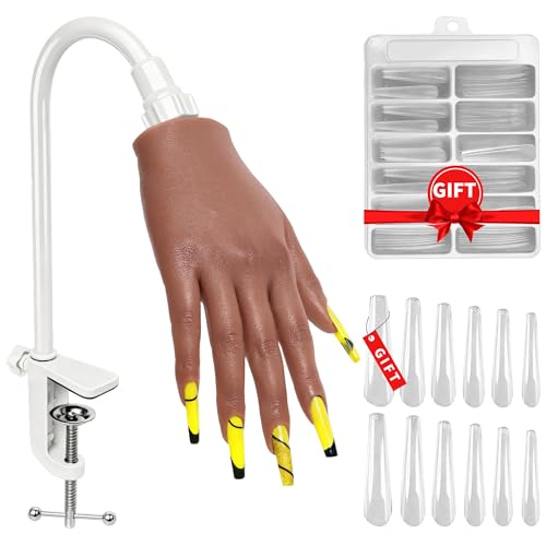 Realistic Silicone Practice Hand for Acrylic Nails, Flex Fingers - color: dark skin